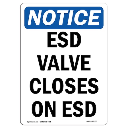 Signmission OSHA Notice Sign, ESD Valve Closes On ESD, 14in X 10in Rigid Plastic, 10" W, 14" L, Portrait OS-NS-P-1014-V-12177